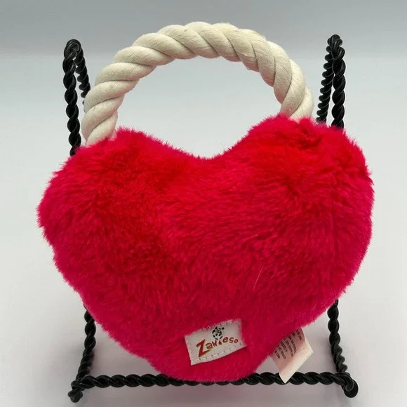 Zanies Valentine's Day Dog Toy Squeaks Puppy Love Heart with Rope Red Chew Plush - Picture 4 of 7